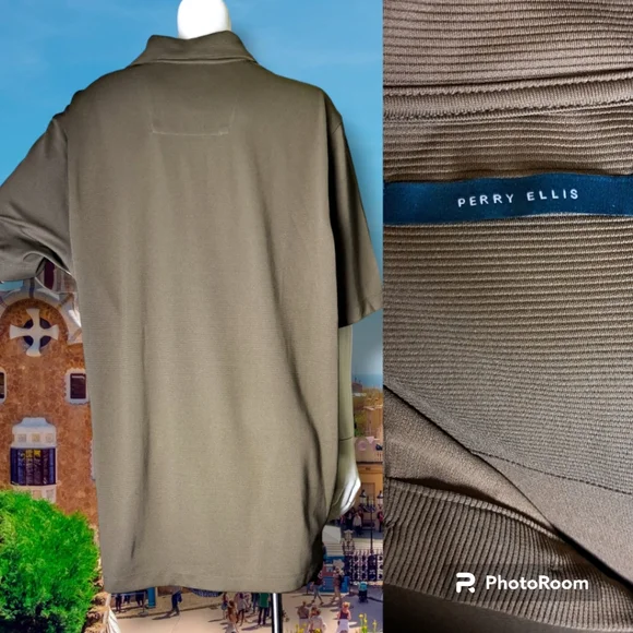 PERRY ELLIS New WOT Men's Ribbed Polo Shirt Olive Brown Sz LARGE Big & Tall (XL) - Picture 3 of 6